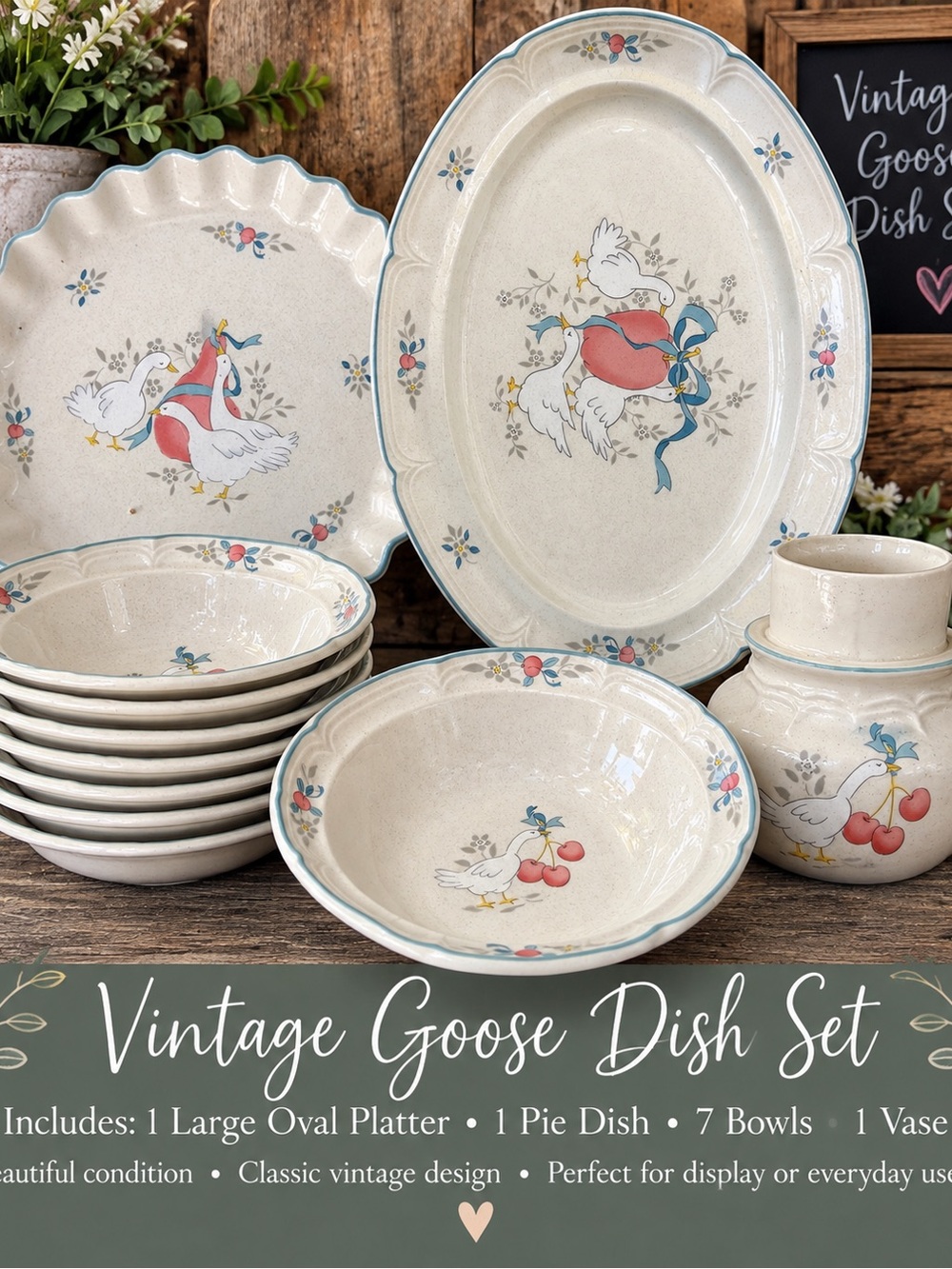Vintage Goose Ceramic Dish Set in Cream and Red